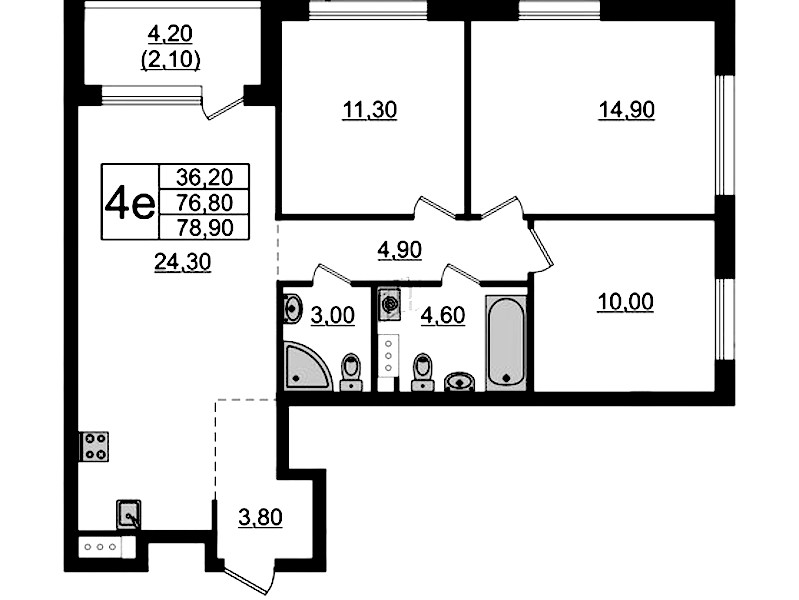3-комнатная квартира 78.9 м², 5/9 эт., ЖК «А101 Лаголово»